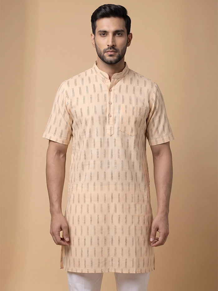 Blanched almond Organic Cotton Ikkat Half Sleeves Men Kurta
