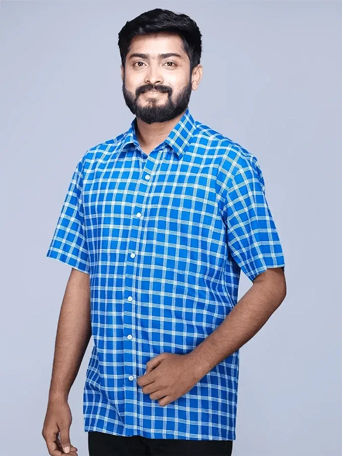 Blue Handwoven Organic Cotton Checks Fitted Men Shirt - WeaversIndia