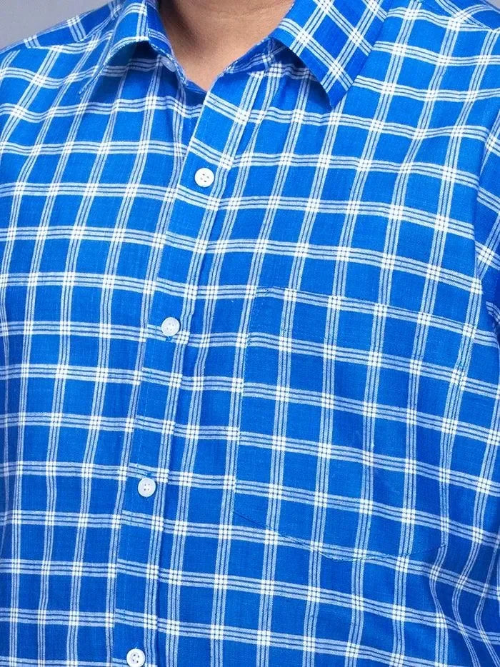 Blue Handwoven Organic Cotton Checks Fitted Men Shirt - WeaversIndia