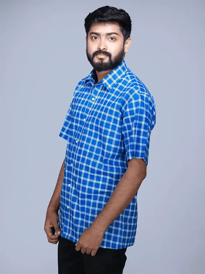 Blue Handwoven Organic Cotton Checks Fitted Men Shirt - WeaversIndia