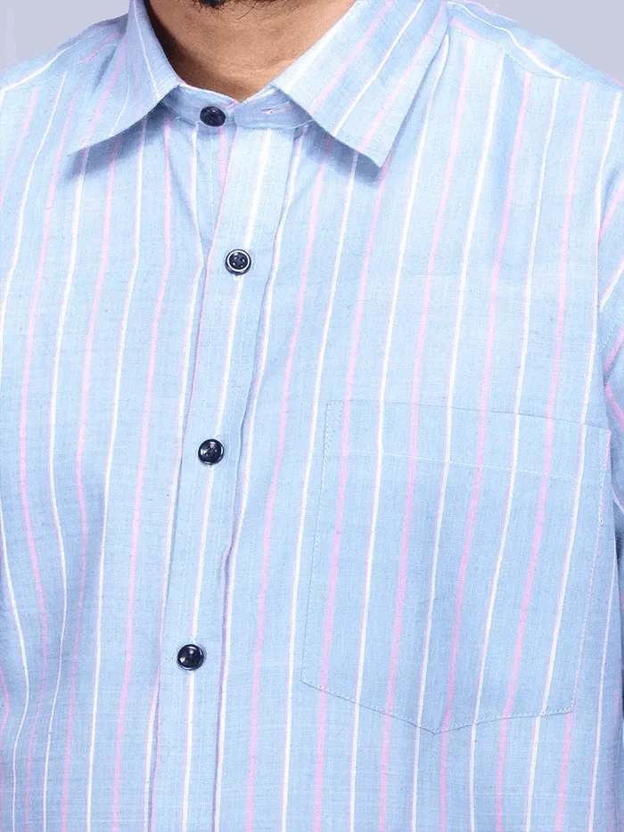 Glaucous Color Handwoven Organic Cotton Striped Casual Men Shirt - WeaversIndia