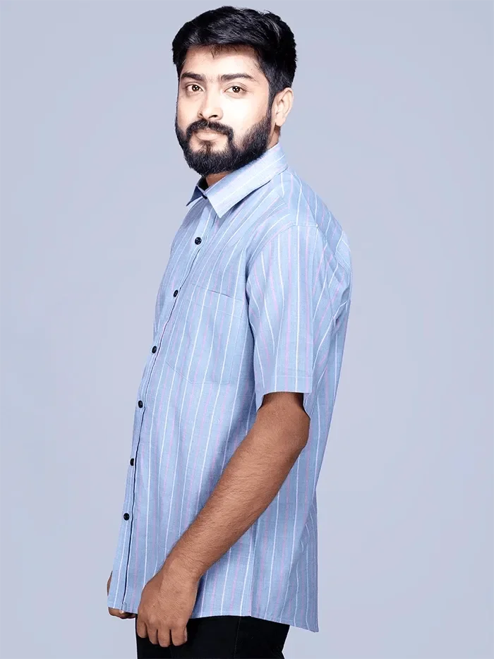 Glaucous Color Handwoven Organic Cotton Striped Casual Men Shirt - WeaversIndia