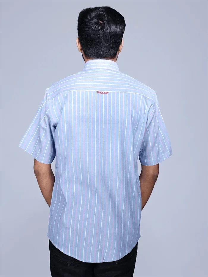 Glaucous Color Handwoven Organic Cotton Striped Casual Men Shirt - WeaversIndia