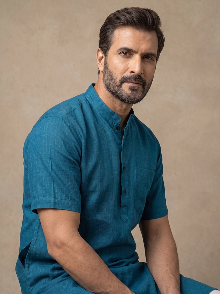 Blue Black Dual Tone Organic Cotton Half Sleeves Men Kurta