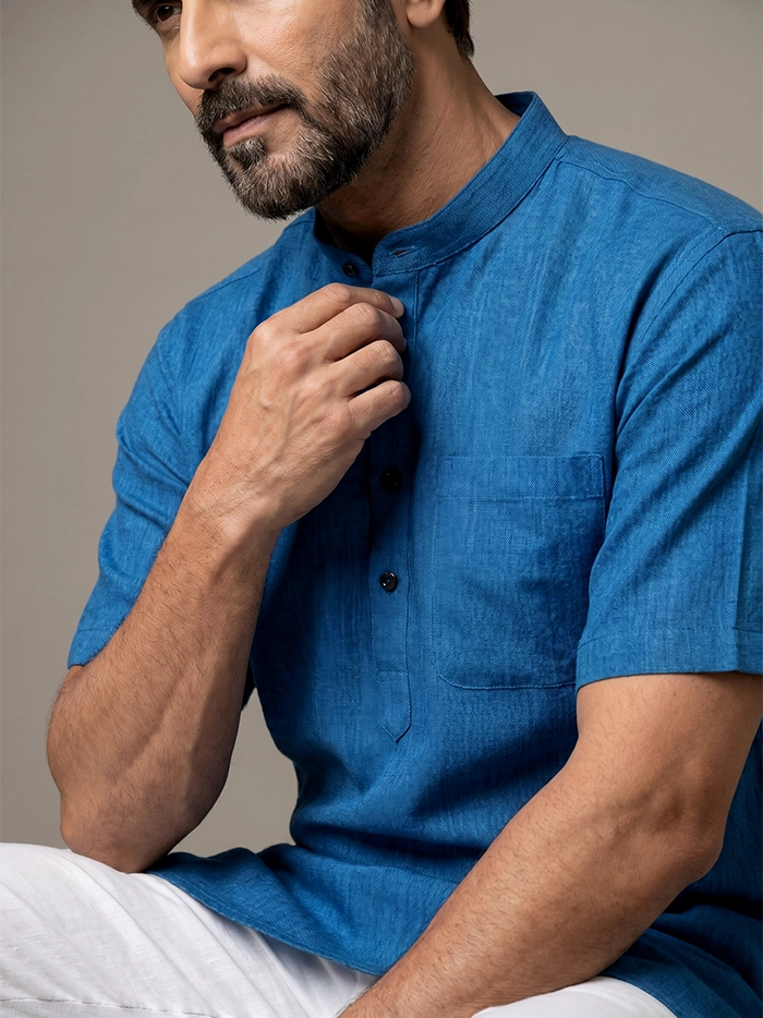 Blue Black Dual Tone Organic Cotton Half Sleeves Men Kurta