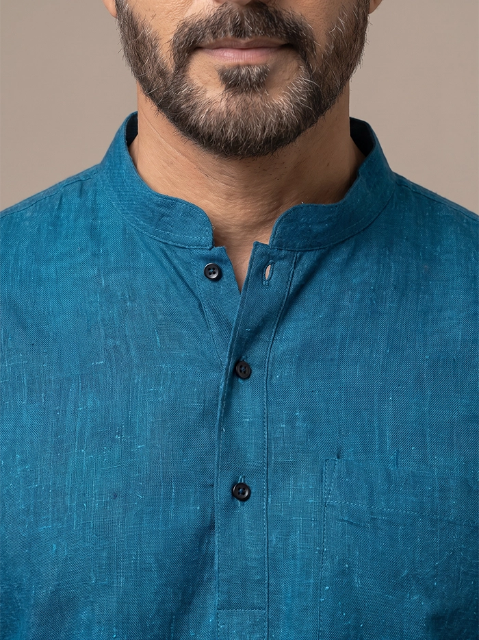 Blue Black Dual Tone Organic Cotton Half Sleeves Men Kurta