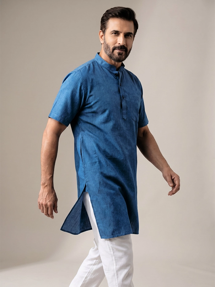 Blue Black Dual Tone Organic Cotton Half Sleeves Men Kurta