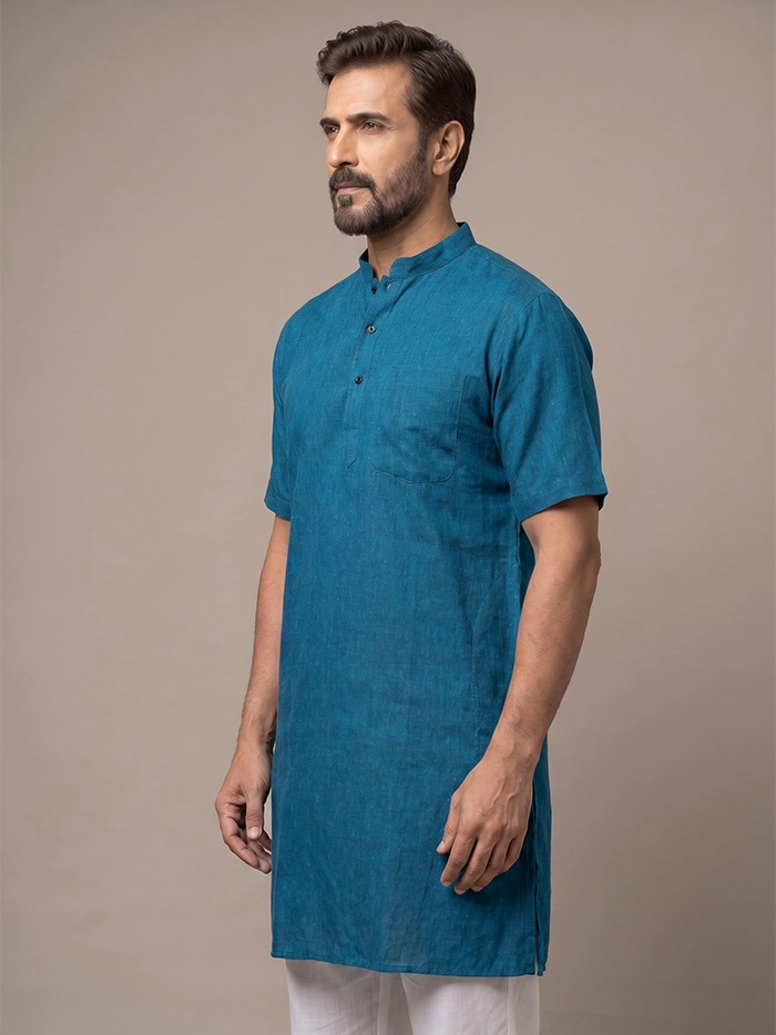 Blue Black Dual Tone Organic Cotton Half Sleeves Men Kurta