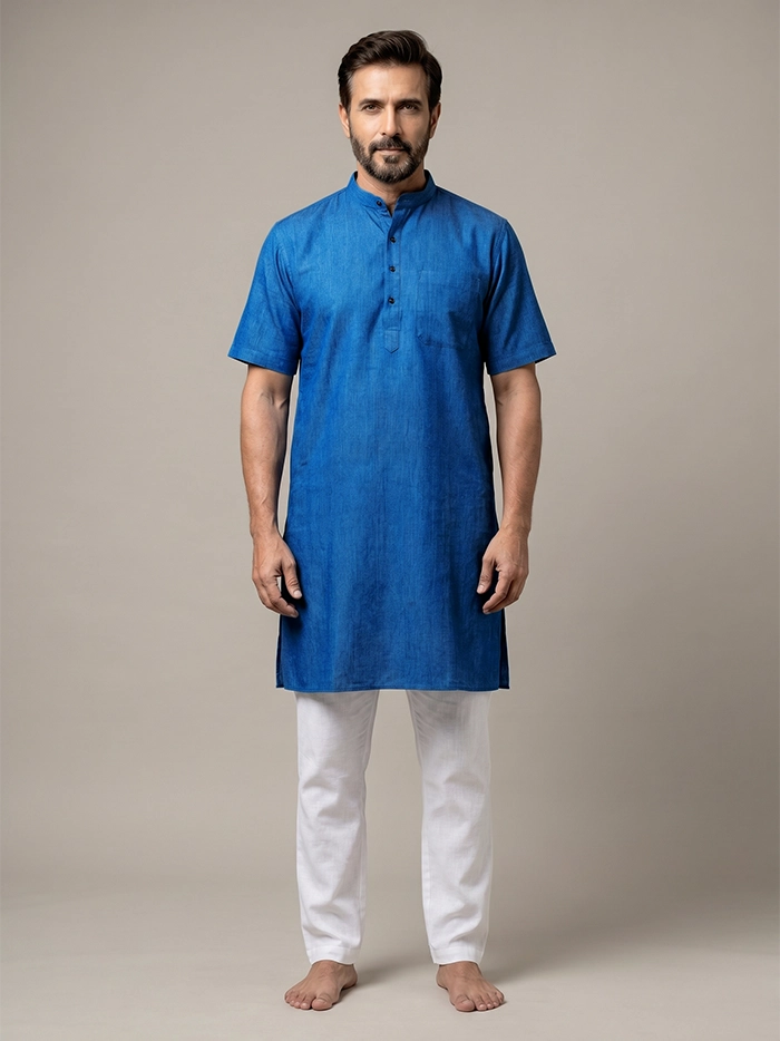 Blue Black Dual Tone Organic Cotton Half Sleeves Men Kurta