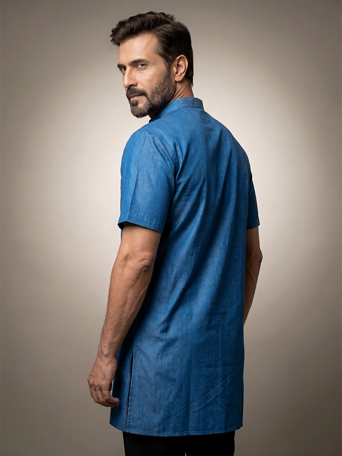 Blue Black Dual Tone Organic Cotton Half Sleeves Men Kurta
