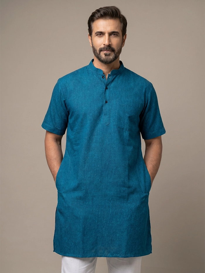 Blue Black Dual Tone Organic Cotton Half Sleeves Men Kurta