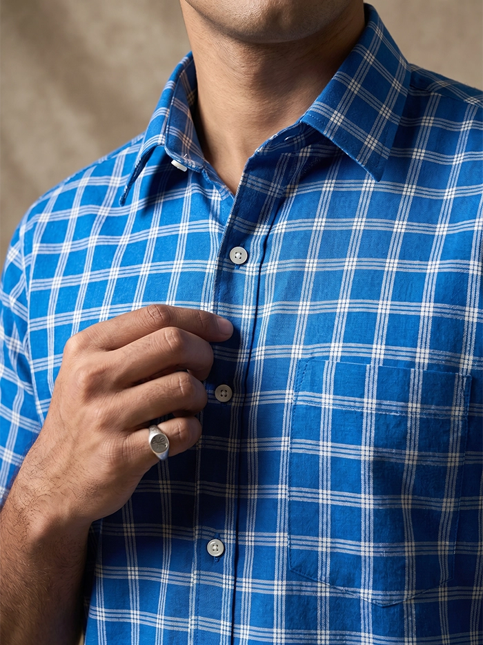 Blue Handwoven Organic Cotton Checks Fitted Men Shirt