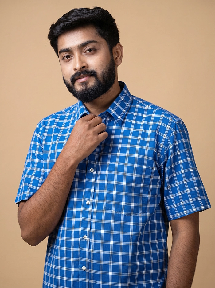 Blue Handwoven Organic Cotton Checks Fitted Men Shirt