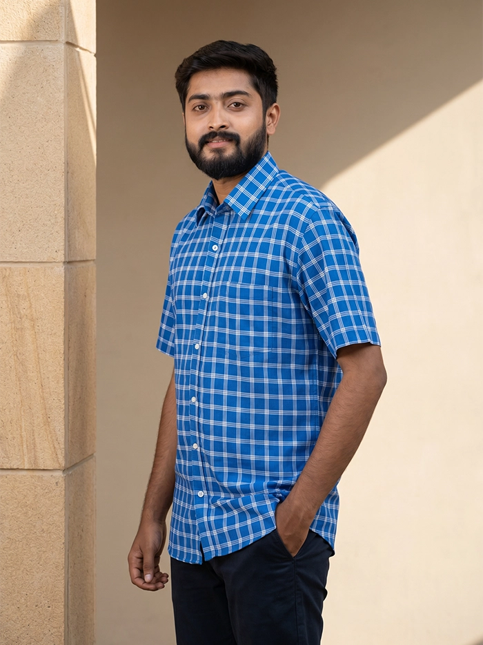 Blue Handwoven Organic Cotton Checks Fitted Men Shirt