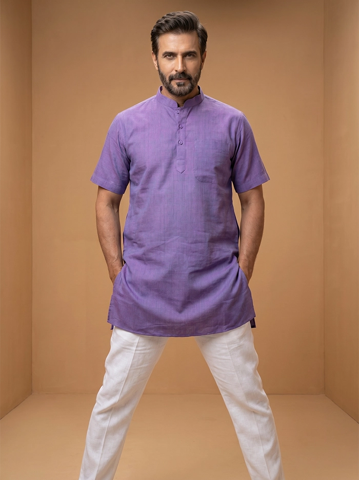 Blue Red Dual Tone Organic Cotton Half Sleeves Men Kurta