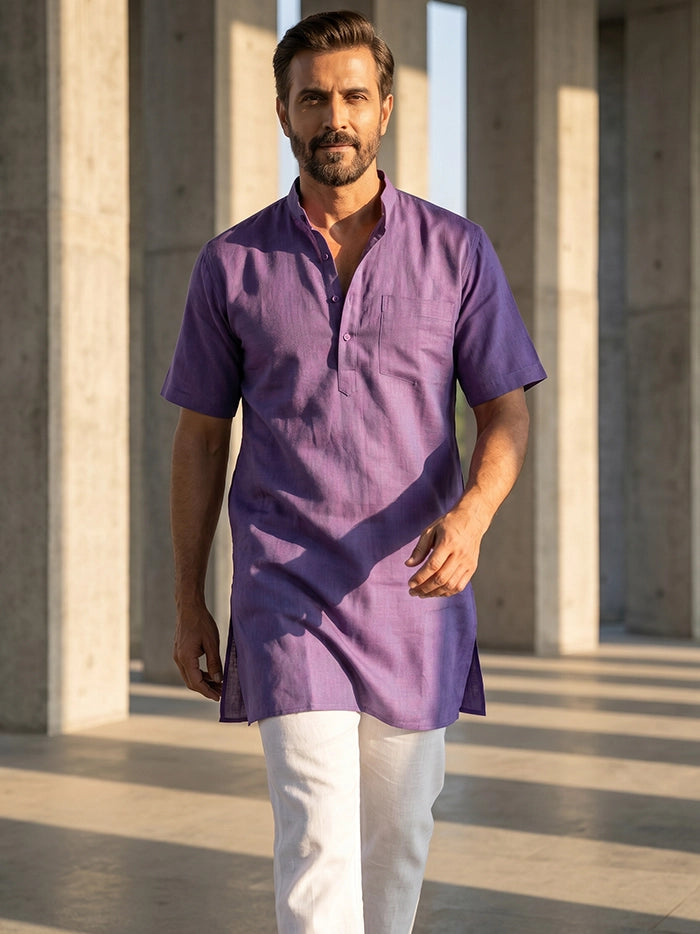 Blue Red Dual Tone Organic Cotton Half Sleeves Men Kurta