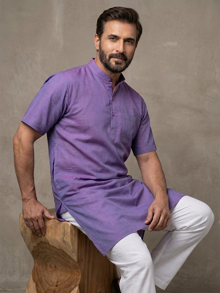 Blue Red Dual Tone Organic Cotton Half Sleeves Men Kurta