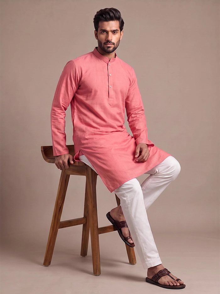 Dusty Pink Handwoven Organic Cotton Full Sleeves Men Kurta
