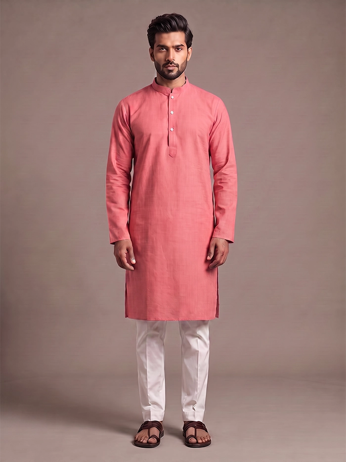 Dusty Pink Handwoven Organic Cotton Full Sleeves Men Kurta