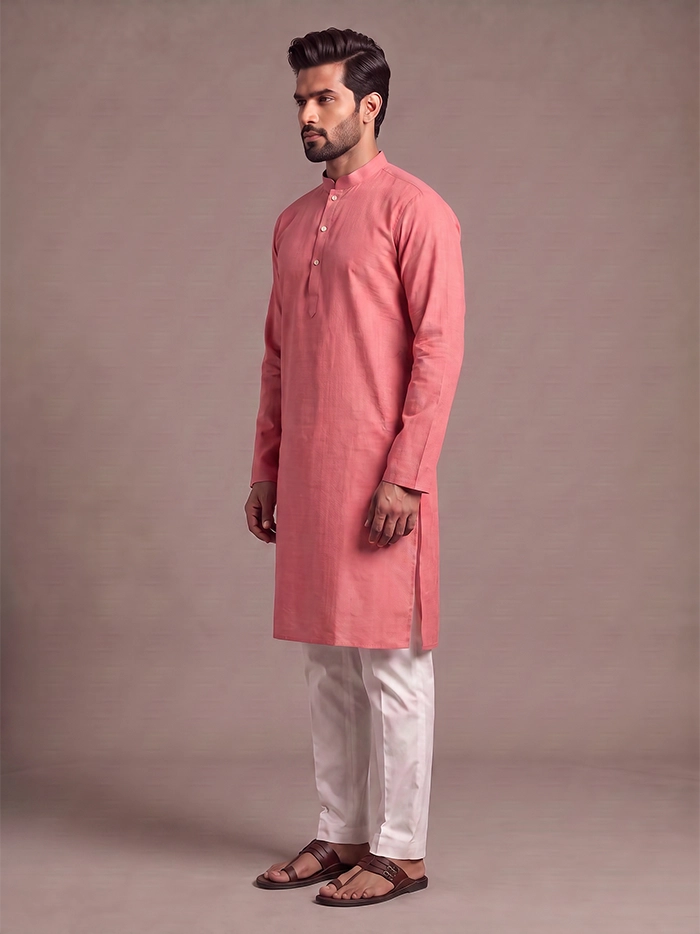 Dusty Pink Handwoven Organic Cotton Full Sleeves Men Kurta