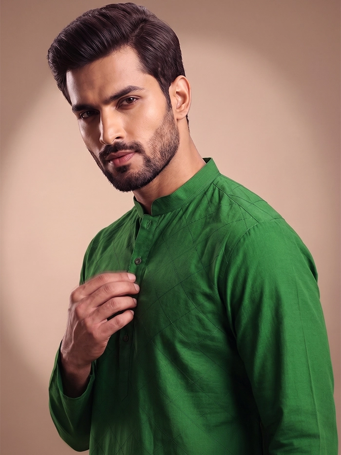 Bottle Green Organic Cotton Diamond Pintucks Men Kurta