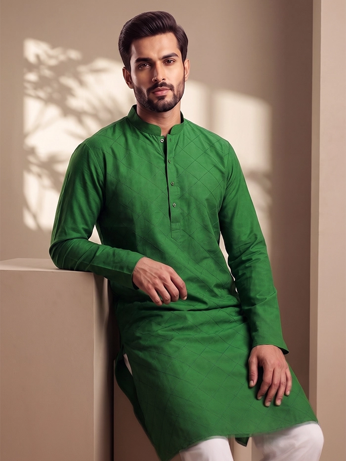 Bottle Green Organic Cotton Diamond Pintucks Men Kurta