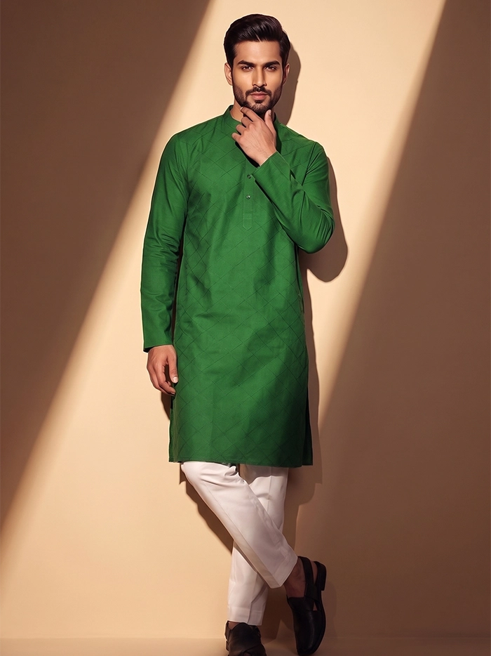 Bottle Green Organic Cotton Diamond Pintucks Men Kurta