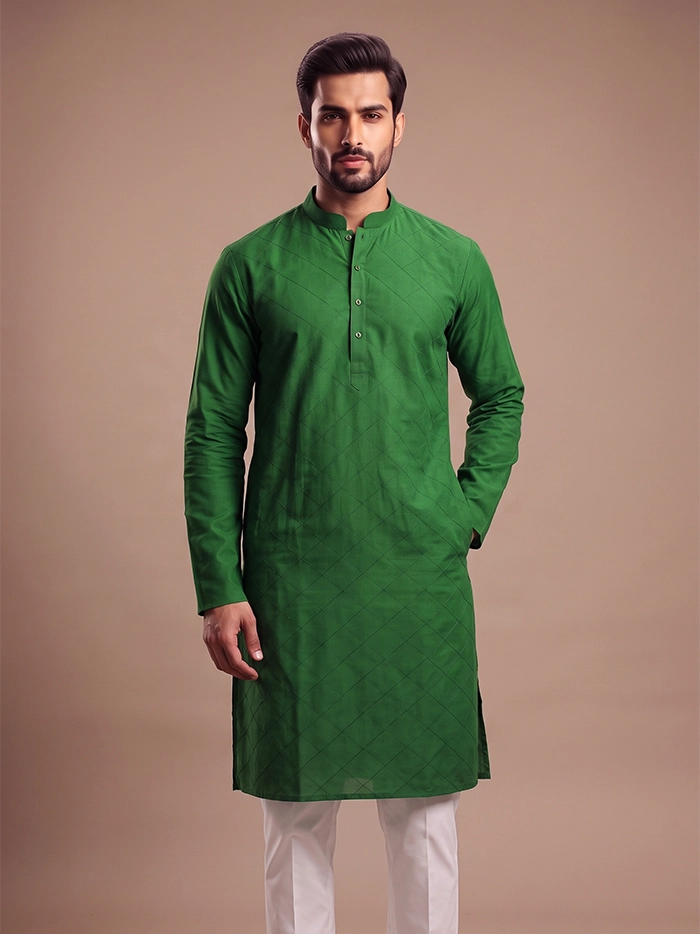 Bottle Green Organic Cotton Diamond Pintucks Men Kurta