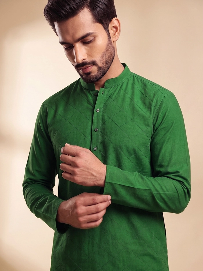 Bottle Green Organic Cotton Diamond Pintucks Men Kurta