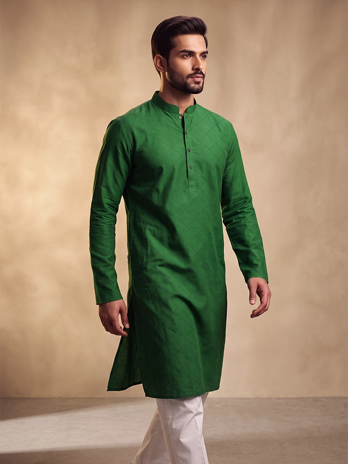 Bottle Green Organic Cotton Diamond Pintucks Men Kurta