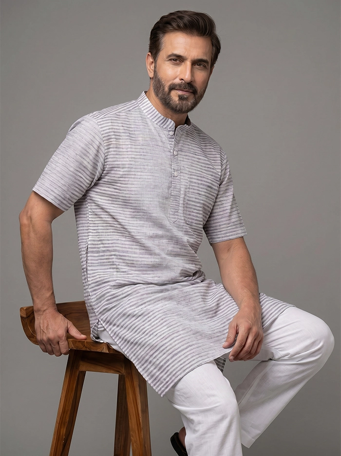Brown Striped Handwoven Organic Cotton Men Kurta