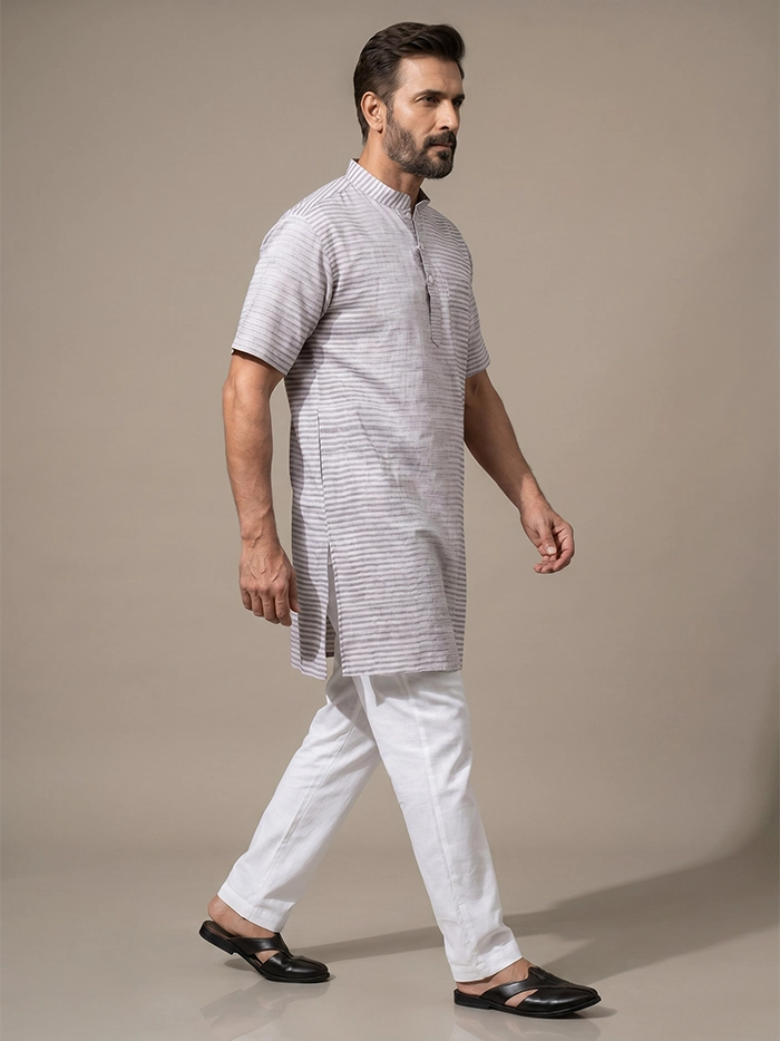 Brown Striped Handwoven Organic Cotton Men Kurta