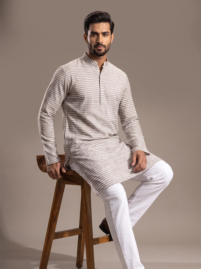 Brown White Striped Organic Cotton Men Kurta