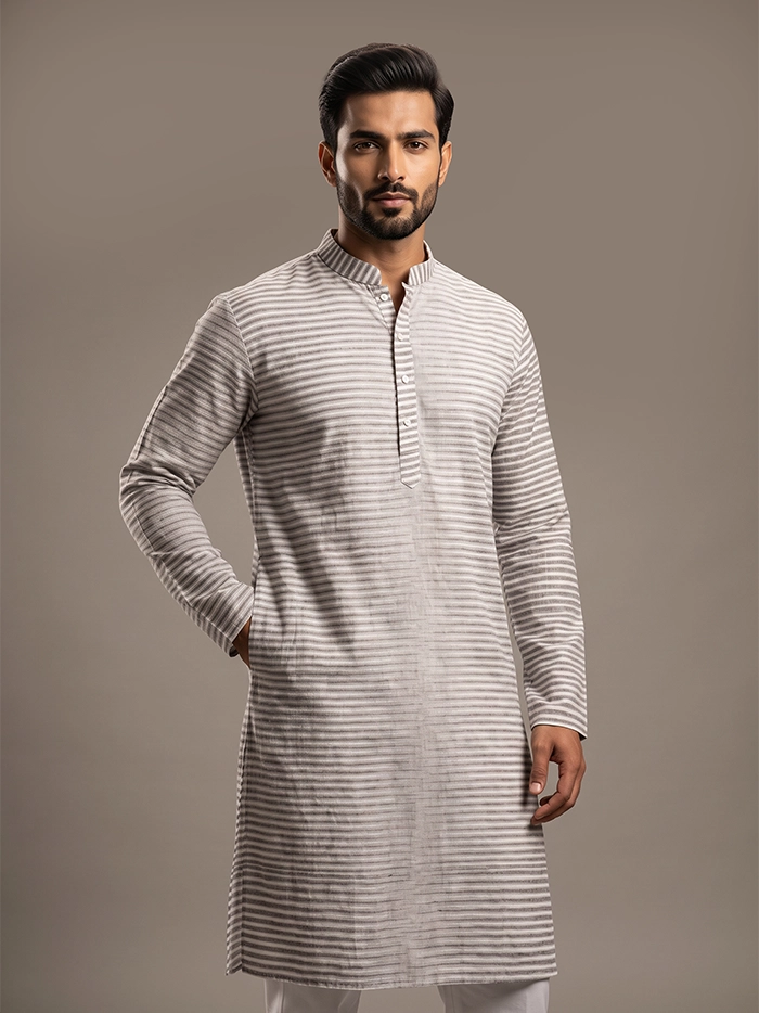 Brown White Striped Organic Cotton Men Kurta