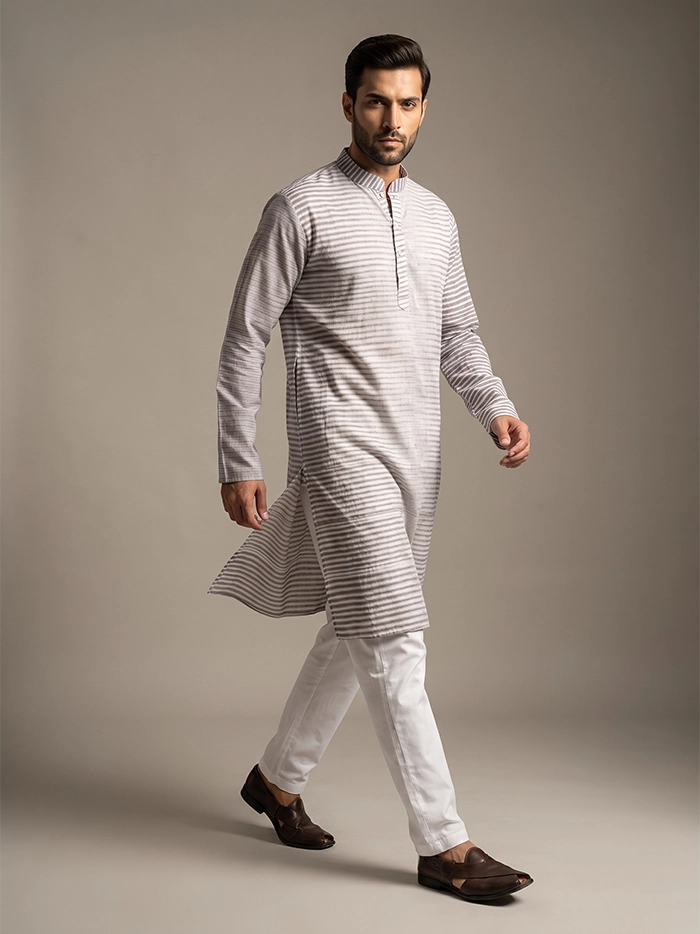 Brown White Striped Organic Cotton Men Kurta