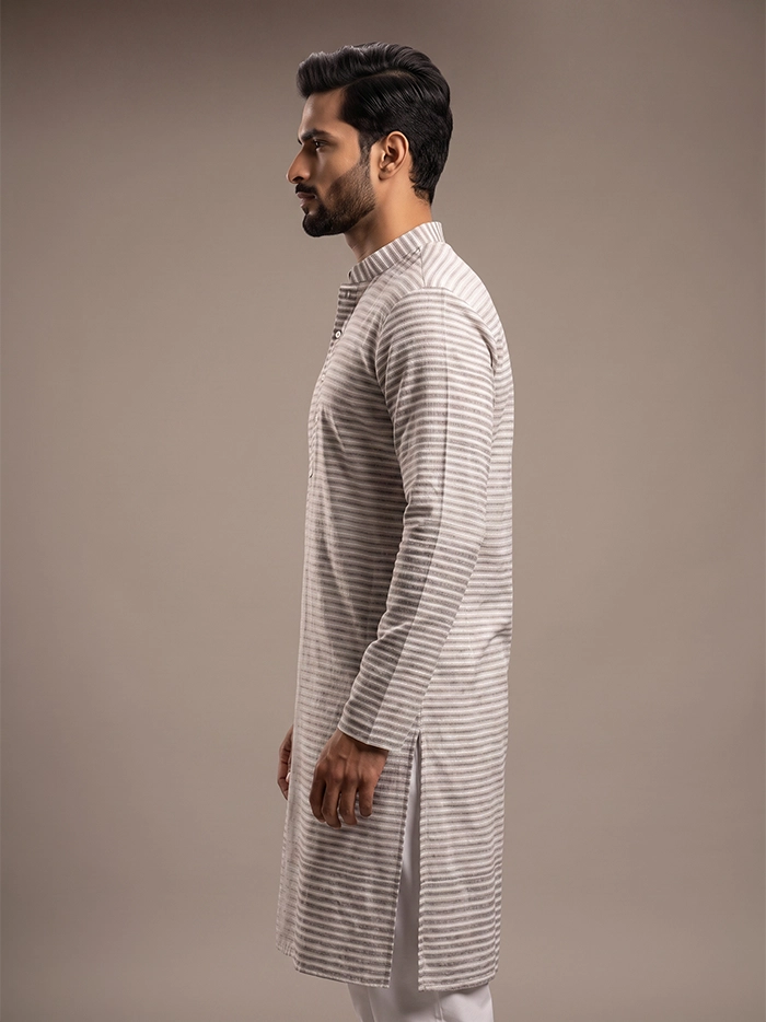 Brown White Striped Organic Cotton Men Kurta