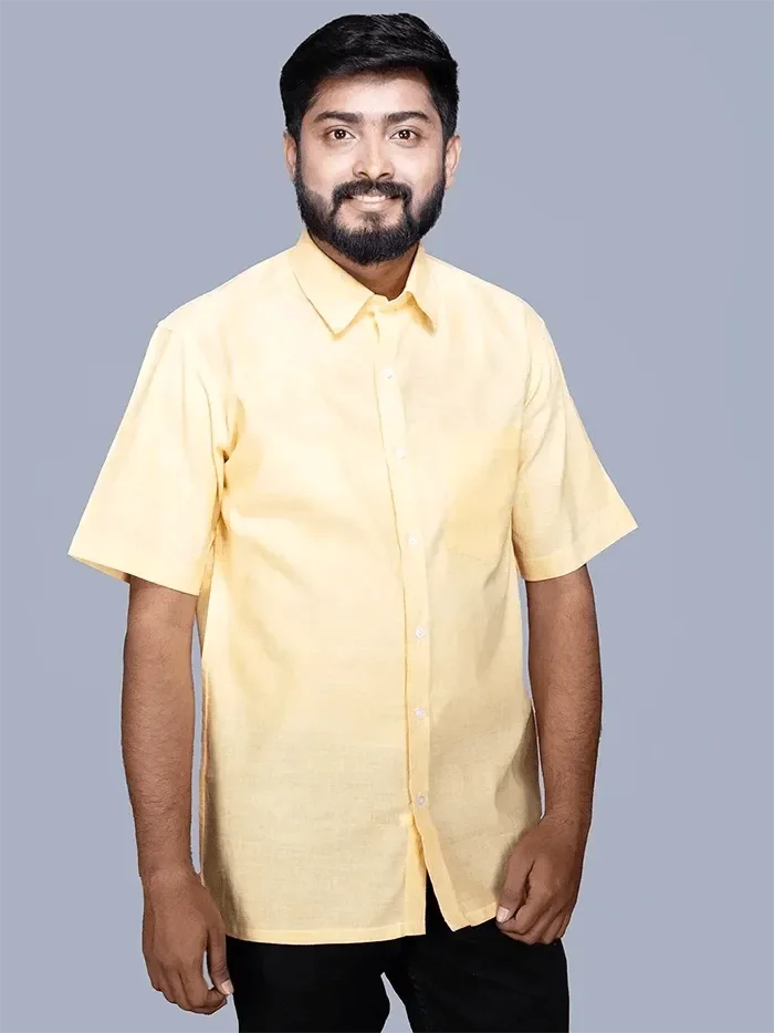Light Yellow Handwoven Organic Cotton Formal Men Shirt - WeaversIndia