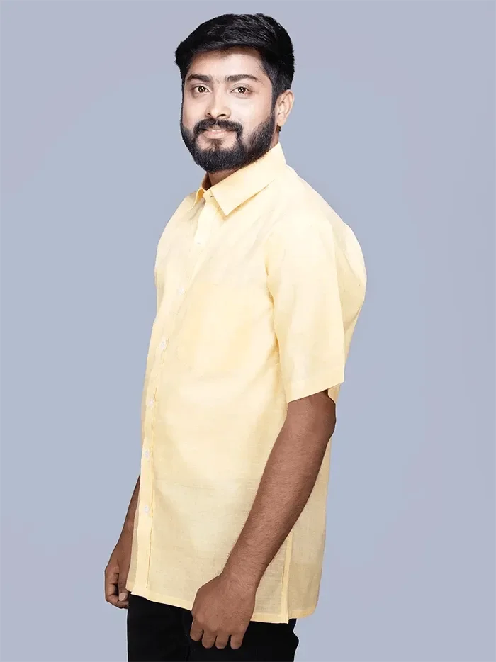 Light Yellow Handwoven Organic Cotton Formal Men Shirt - WeaversIndia