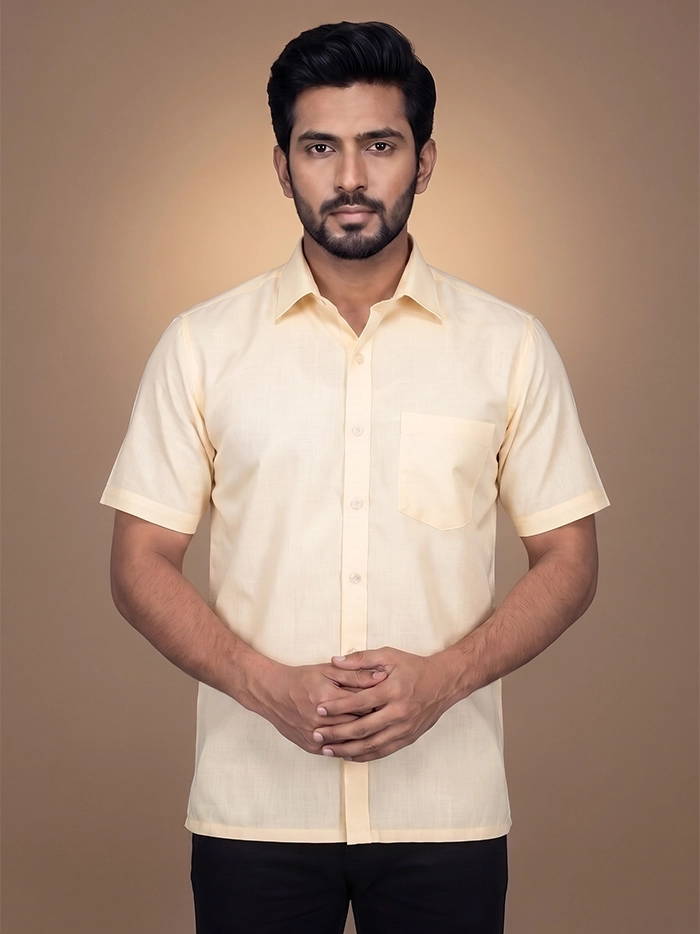 Creamy Light Yellow Organic Cotton Formal Half Sleeves Men Shirt