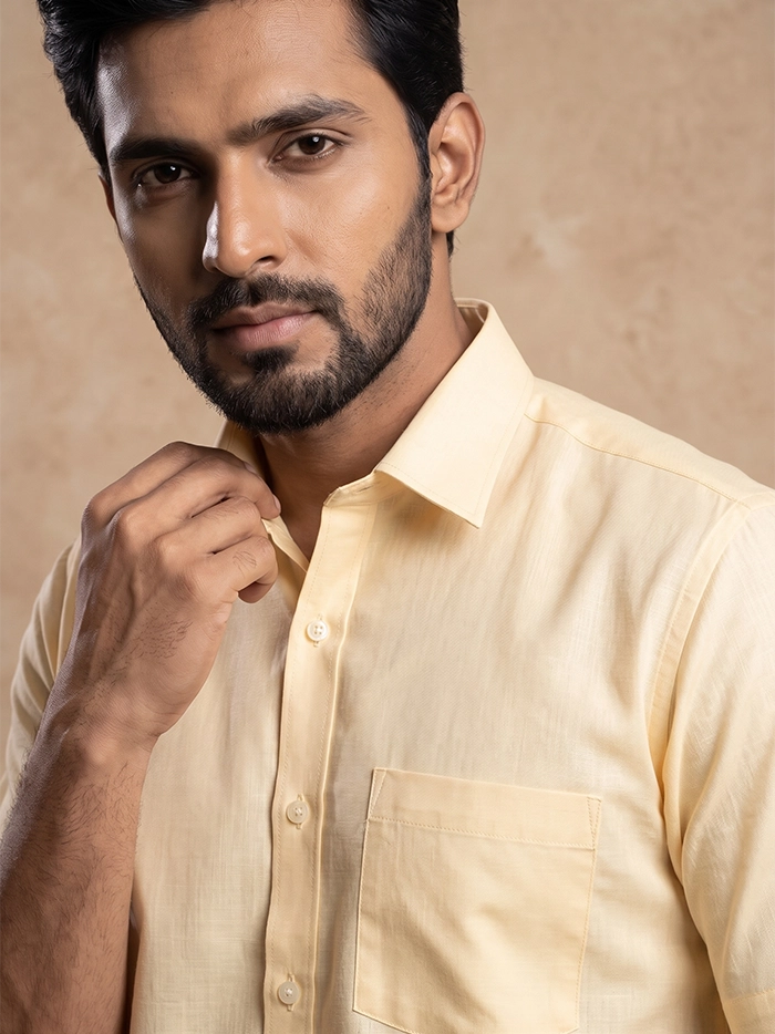 Creamy Light Yellow Organic Cotton Formal Half Sleeves Men Shirt