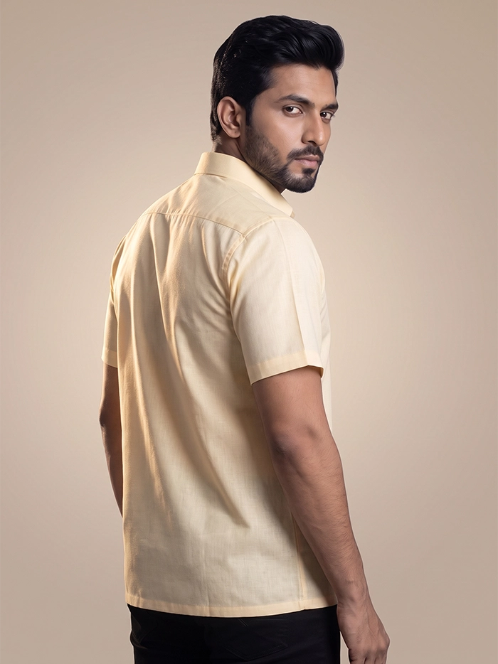 Creamy Light Yellow Organic Cotton Formal Half Sleeves Men Shirt