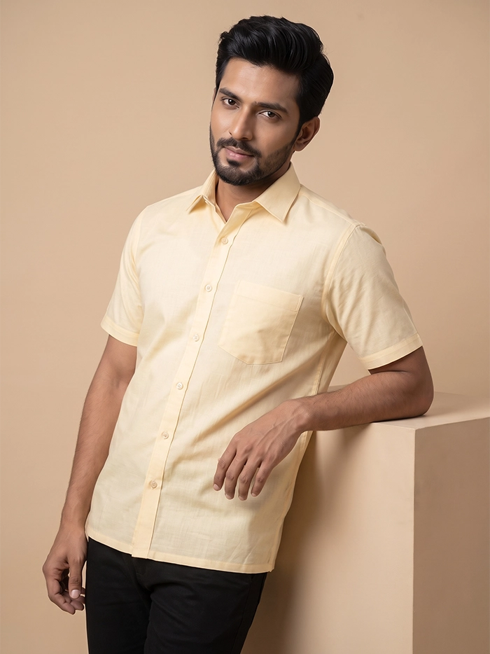 Creamy Light Yellow Organic Cotton Formal Half Sleeves Men Shirt