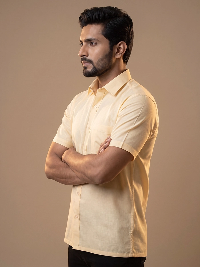 Creamy Light Yellow Organic Cotton Formal Half Sleeves Men Shirt