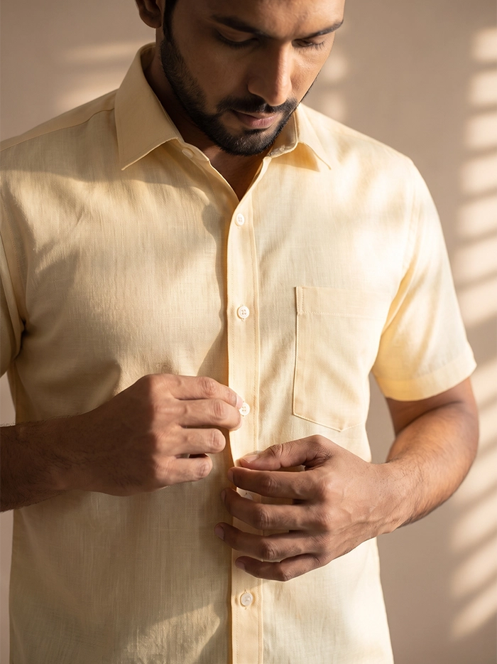 Creamy Light Yellow Organic Cotton Formal Half Sleeves Men Shirt
