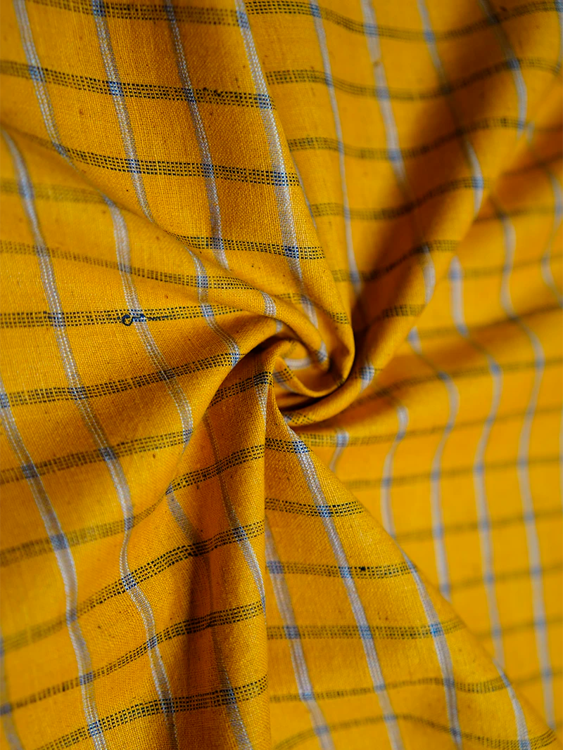 Chrome yellow Checks Handwoven Organic Cotton Fabric 44 Inch Width