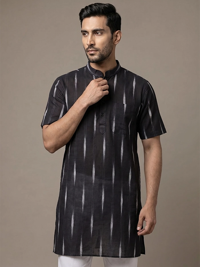 Dark Coffee Organic Cotton Ikkat Half Sleeves Men Kurta