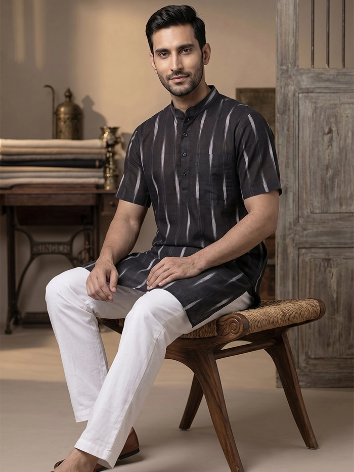 Dark Coffee Organic Cotton Ikkat Half Sleeves Men Kurta