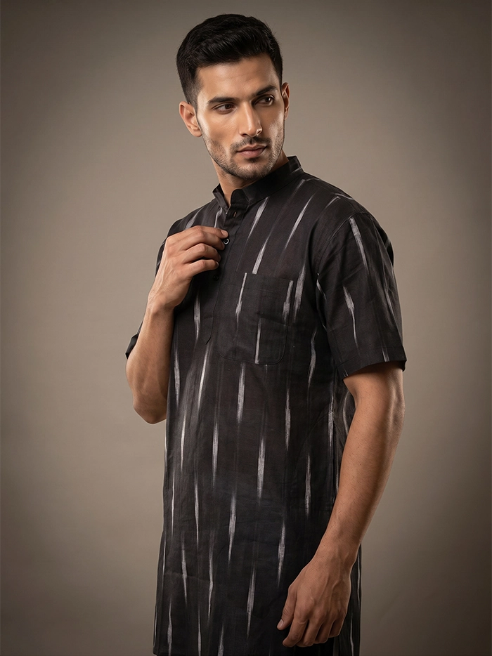 Dark Coffee Organic Cotton Ikkat Half Sleeves Men Kurta