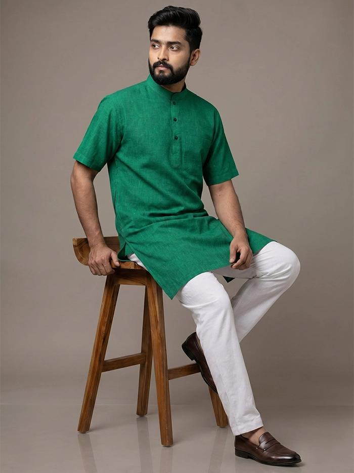 Dark Forest Green Organic Cotton Half Sleeves Men Kurta