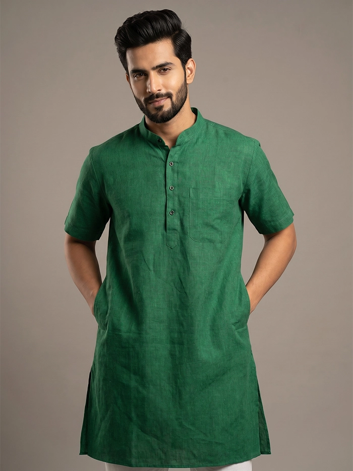 Dark Forest Green Organic Cotton Half Sleeves Men Kurta